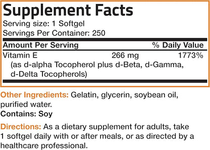 Bronson Natural Vitamin E Complex 400 I.U. Supplement (d-Alpha Tocopherol Plus d-Beta, d-Gamma, & d-Delta Tocopherols), Natural Antioxidant, 250 Softgels