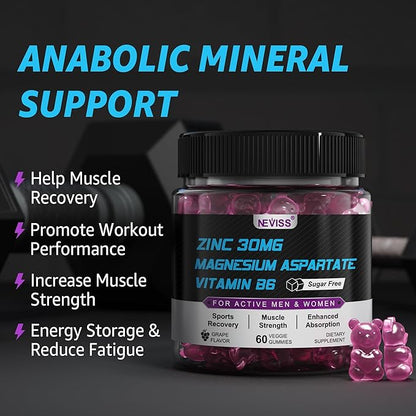 Zinc and Magnesium Supplement, Zinc Magnesium Aspartate Post Workout Gummies for Men Women, w/Vitamin B6, B12, D3, Turmeric for Nighttime Muscle Recovery, Boost Immunity & Sleep, Sugar Free, 120 Cts