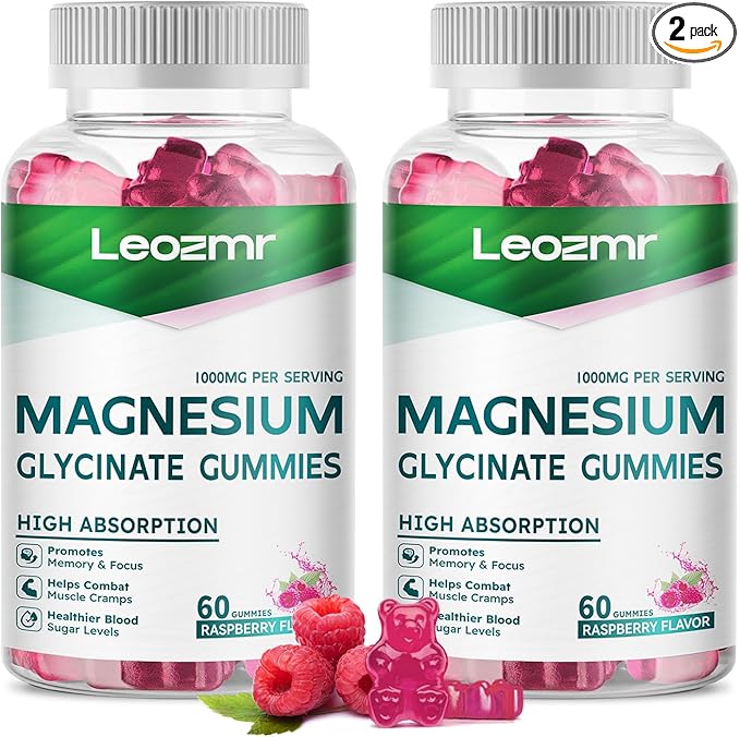Magnesium Glycinate Gummies 1000mg - Sugar Free Magnesium Potassium Supplement with Vitamin D, B6, CoQ10 for Calm Mood & Sleep Support - 120Raspberry Gummies