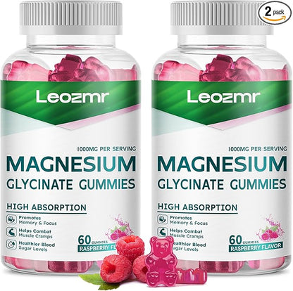 Magnesium Glycinate Gummies 1000mg - Sugar Free Magnesium Potassium Supplement with Vitamin D, B6, CoQ10 for Calm Mood & Sleep Support - 120Raspberry Gummies