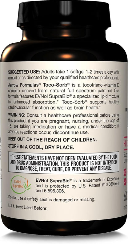 Jarrow Formulas® Toco-Sorb Cardiovascular Health and Brain Function Support, High Absorption Formula, Tocotrienol-Tocopherol Complex and Vitamin E, 60 Softgels, 30 Day Supply