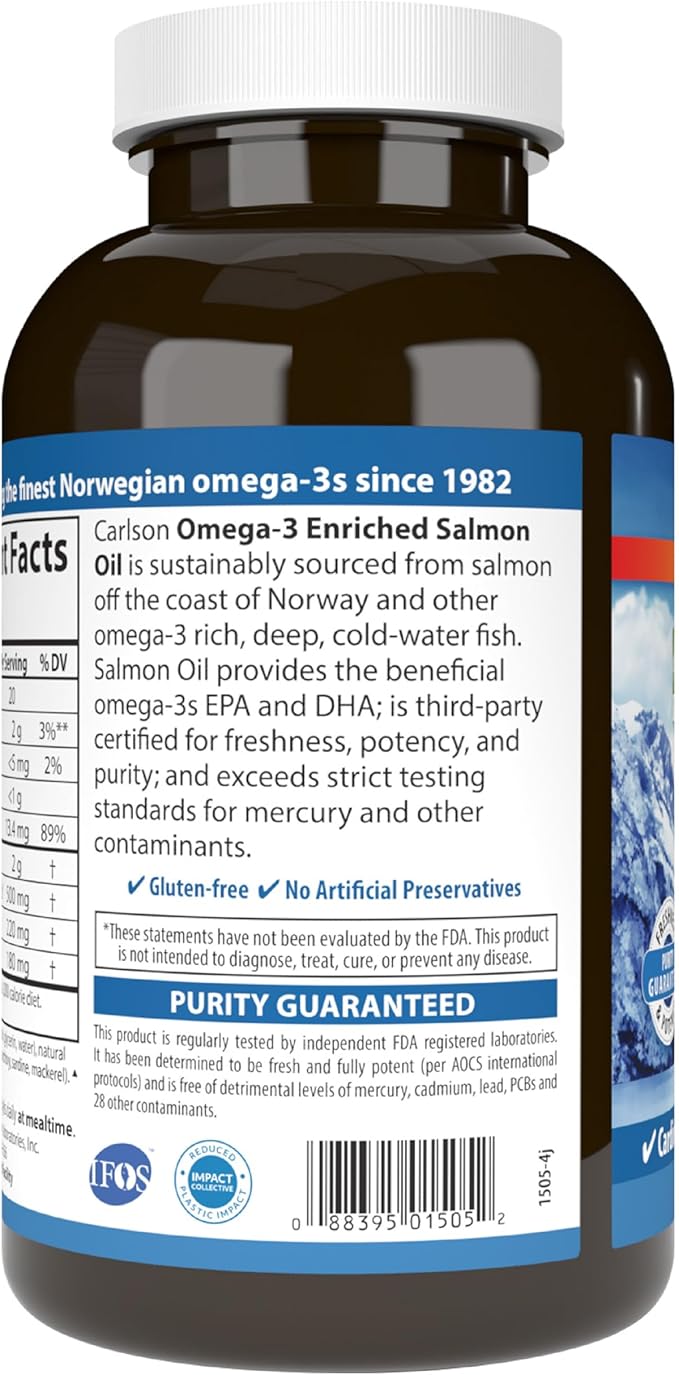 Carlson - Salmon Oil, 500 mg Omega-3s, Norwegian, Heart, Brain & Joint Health, 300 Softgels