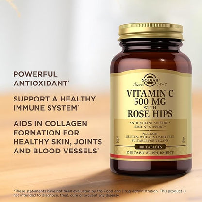 Solgar Vitamin C 500 mg with Rose Hips - 100 Tablets - Antioxidant & Immune Support - Non-GMO, Vegan, Gluten Free, Dairy Free, Kosher - 100 Servings