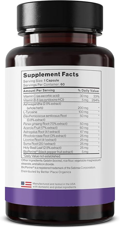 Better Place Supplements Adrenal Health & Support - 60 Capsules | Non-GMO Formula with L-Tyrosine & 200mg Ashwagandha | Supports Energy, Focus, Fatigue Relief (1)