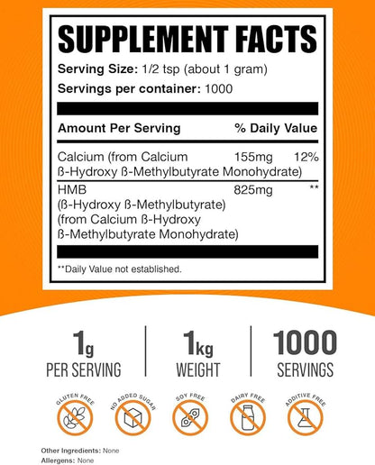 BulkSupplements.com HMB Powder - as Calcium HMB, Beta-Hydroxy Beta-Methylbutyrate - HMB Powder Supplements, Gluten Free - 1000mg per Serving, 1kg (2.2 lbs) (Pack of 1)