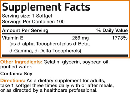 Bronson Natural Vitamin E Complex 400 I.U. Supplement (d-Alpha Tocopherol Plus d-Beta, d-Gamma, & d-Delta Tocopherols), Natural Antioxidant, 100 Softgels
