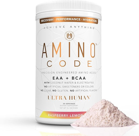 Amino Code | Essential Amino Acids + BCAAs + Coconut Water Electrolytes | Fast Hydration Workout Recovery Amino Energy Powder Drink | Clean Formula, 40 Servings - Raspberry Lemonade