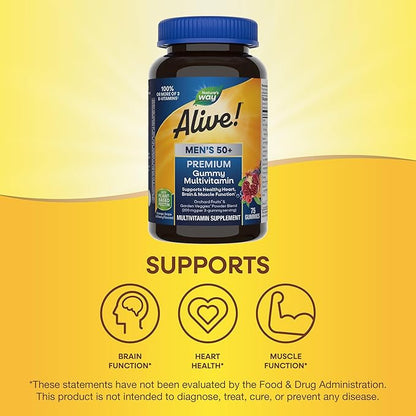 Nature’s Way Alive! Men’s 50+ Premium Gummy Multivitamin, Supports Healthy Heart, Brain & Muscle Function*, B-Vitamins, Vegetarian, Grape, Orange and Cherry Flavored, 75 Gummies