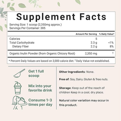 Micro Ingredients Organic Chicory Root Inulin Powder, 2 Pounds | Natural Prebiotic Fiber Supplement | Intestinal Support for Colon and Gut Health | Non-GMO and Vegan Friendly