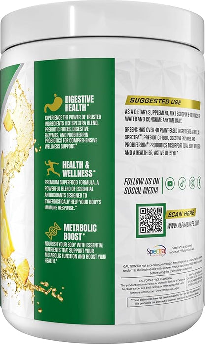 Alpha Greens Supplement | Fruit & Vegetable Superfood Powder | Over 40 Natural Plant Based Ingredients | Prebiotic & Probiotic Digestive Support Blend - 30 Servings (Pineapple)