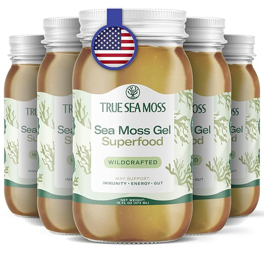 TrueSeaMoss Sea Moss Gel – Made in USA – Wildcrafted Seamoss, Dried Seaweed & Sea Vegetables – Original, Pack of 5 (Labels may Vary)