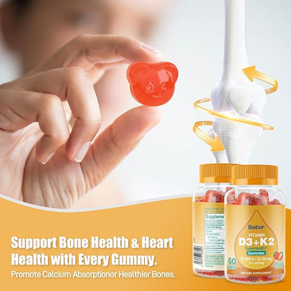 Natural Vitamin D3 K2 Gummies, 2000 IU Vitamin D3 & 100 mcg Vitamin K2,Supports Healthy Bone, Immune Health Supplement, GMO Free, Gluten Free (Strawberry, 60 Count)