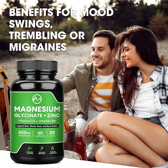 Magnesium Glycinate Capsules, Magnesium Glycinate Supplement with Zinc, Vitamin D3 & B6 - Promotes Nerve, Bowel, Relaxation Function - 60 Vegan Capsules