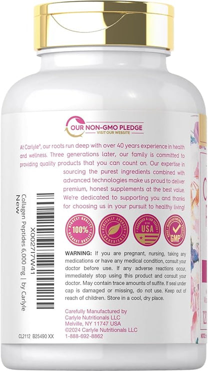 Carlyle Collagen with Vitamin C | 6000mg | 120 Caplets | Multi Collagen Peptide Pills | Type 1 and 3 | Non-GMO, Gluten Free, Grass Fed