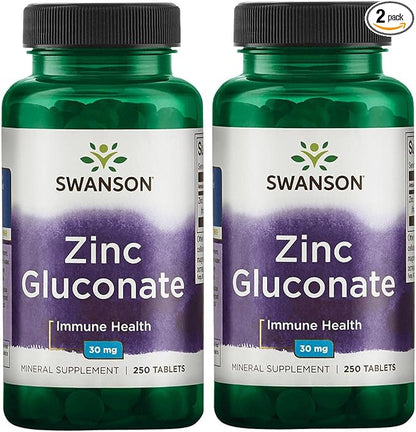 Swanson Zinc Gluconate - Mineral Supplement Promoting Prostate Health, Vision Health, & Immune Support -Gluconate Form for Optimal Absorption - (250 Tablets, 30mg Each) (2 Pack)
