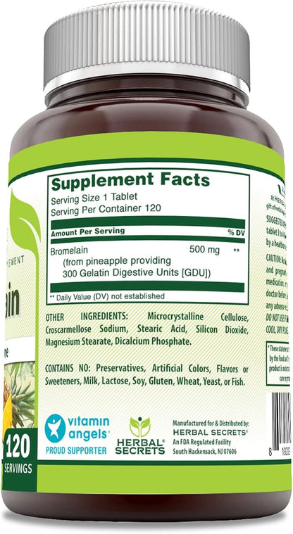 Herbal Secrets Bromelain 500 Mg 120 Tablets Supplement | Pack of 3 | Non-GMO | Gluten Free | Made in USA