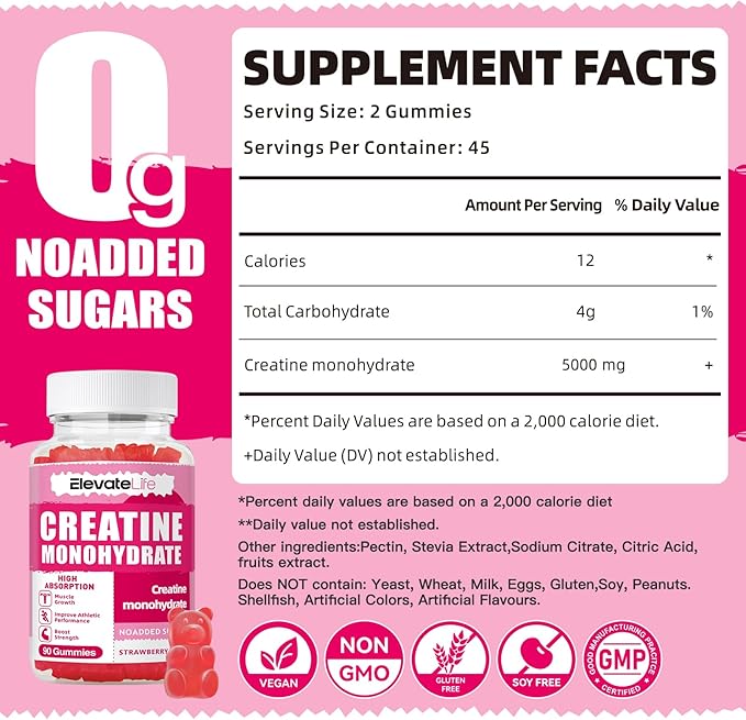 Creatine Monohydrate Gummies 5000mg for Men & Women, Chewables Creatine Monohydrate for Muscle Strength, Muscle Builder, Energy Boost, Pre-Workout Supplement(90 Count)-Strawberries