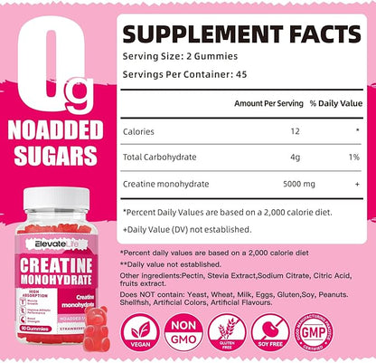 Creatine Monohydrate Gummies 5000mg for Men & Women, Chewables Creatine Monohydrate for Muscle Strength, Muscle Builder, Energy Boost, Pre-Workout Supplement(90 Count)-Strawberries
