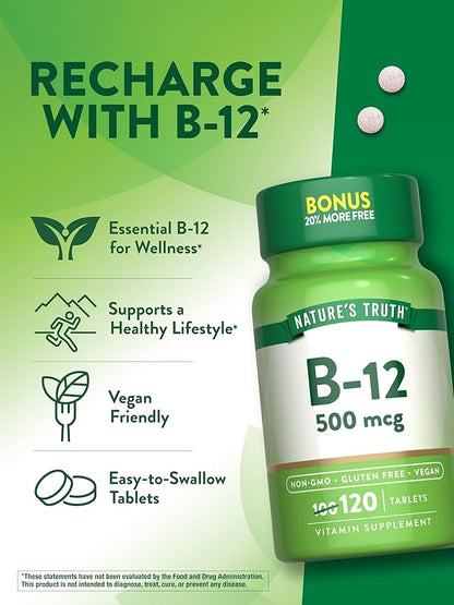 Nature's Truth B12 Vitamin | 500 mcg | 120 Tablets | Vegan, Non-GMO & Gluten Free Supplement