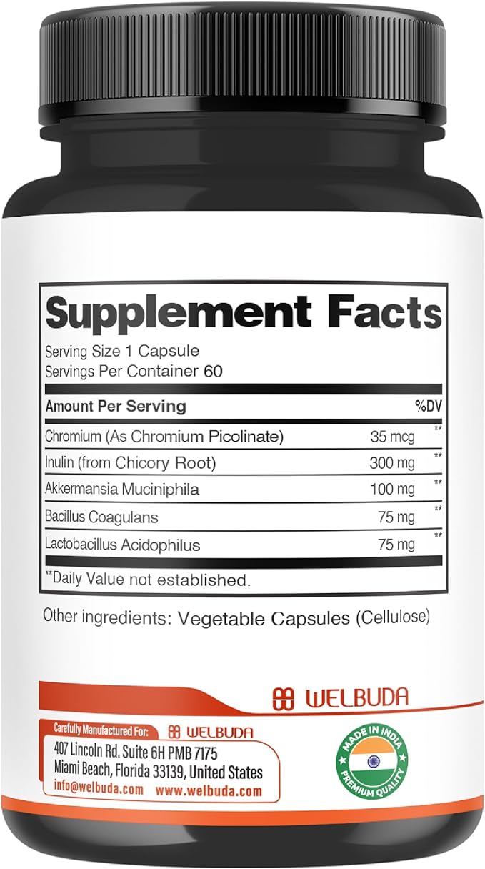 5in1 Akkermansia Probiotic Capsules for Increases GLP-1 - Contains Inulin, Bacillus Coagulans, Lactobacillus Acidophilus and Chromium - 60 Capsules for 60 Days
