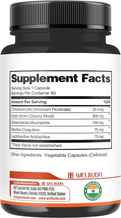 5in1 Akkermansia Probiotic Capsules for Increases GLP-1 - Contains Inulin, Bacillus Coagulans, Lactobacillus Acidophilus and Chromium - 60 Capsules for 60 Days