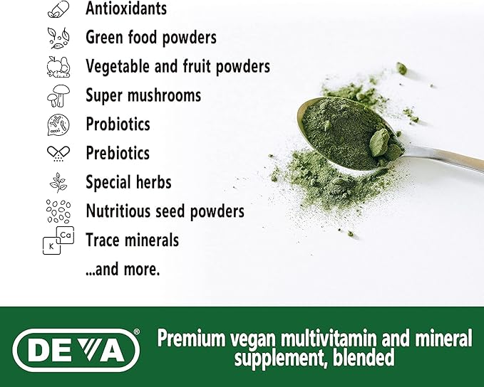 DEVA Tuba Prime Vegan Multivitamin Iron-Free High-Potency Vitamin & Mineral Dietary Supplement Antioxidants, Fruit & Veg Blend, Super Mushrooms, Probiotics, Prebiotics, Seeds, Herbs 90 Tabs 2-Pack