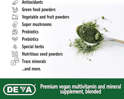DEVA Tuba Prime Vegan Multivitamin Iron-Free High-Potency Vitamin & Mineral Dietary Supplement Antioxidants, Fruit & Veg Blend, Super Mushrooms, Probiotics, Prebiotics, Seeds, Herbs 90 Tabs 2-Pack