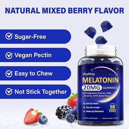 Melatonin 20mg Gummies for Adults - Max Strength Melatonin Gummy Supplement with Magnesium Glycinate, B6, B12, L-Theanine, GABA, 5-HTP & Herbs - Non-Habit Forming, Vegan, Natural Mixed Berry Flavor