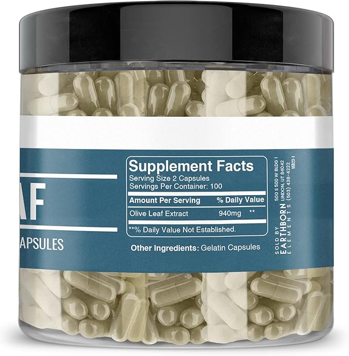 Earthborn Elements Olive Leaf Extract 200 Capsules, Pure & Undiluted, No Additives