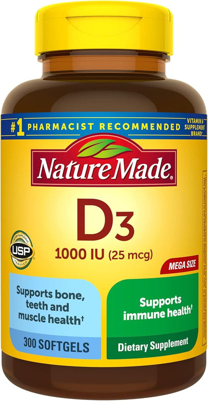Nature Made Vitamin D3 1000 IU (25 mcg), Dietary Supplement for Bone, Teeth, Muscle and Immune Health Support, 300 Softgels, 300 Day Supply