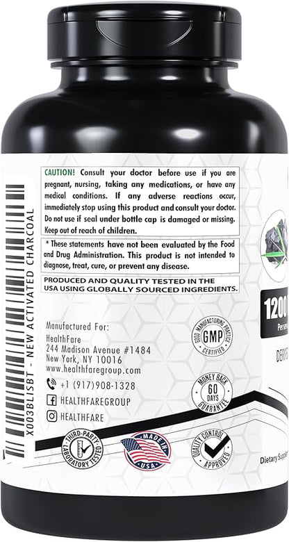Activated Charcoal Capsules 1200mg | 150 Veg Capsules | Derived from Coconut Shells | Highly Absorbent | Non-GMO | Made in The USA