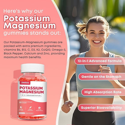 Potassium Magnesium Supplement Gummies for Adults Kids, Magnesium Glycinate & Potassium Citrate, Plus Multivitamin, Omega-3 & Black Pepper, Leg Cramps, Muscle & Heart Health, 60ct