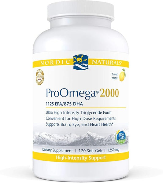 Nordic Naturals ProOmega 2000, Lemon Flavor - 120 Soft Gels - 2150 mg Omega-3 - Ultra High-Potency Fish Oil - EPA & DHA - Promotes Brain, Eye, Heart, & Immune Health - Non-GMO - 60 Servings