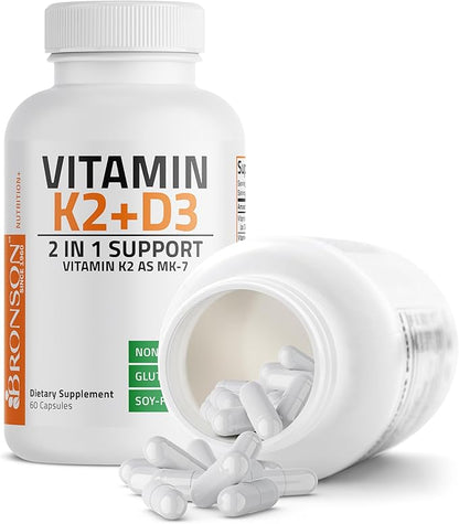 Bronson Vitamin K2 D3 (MK7) Supplement Non-GMO Formula Vitamin D3 5000IU (125 mcg) & 90 mcg K2 MK-7, Easy to Swallow D & K Complex, 60 Capsules