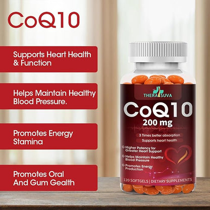 High Absorption CoQ10 200mg - Vegan, Gluten Free, Natural Supplement for Heart Health + Stamina Support + Brain Function - 120 Softgels, 60 Day Supply