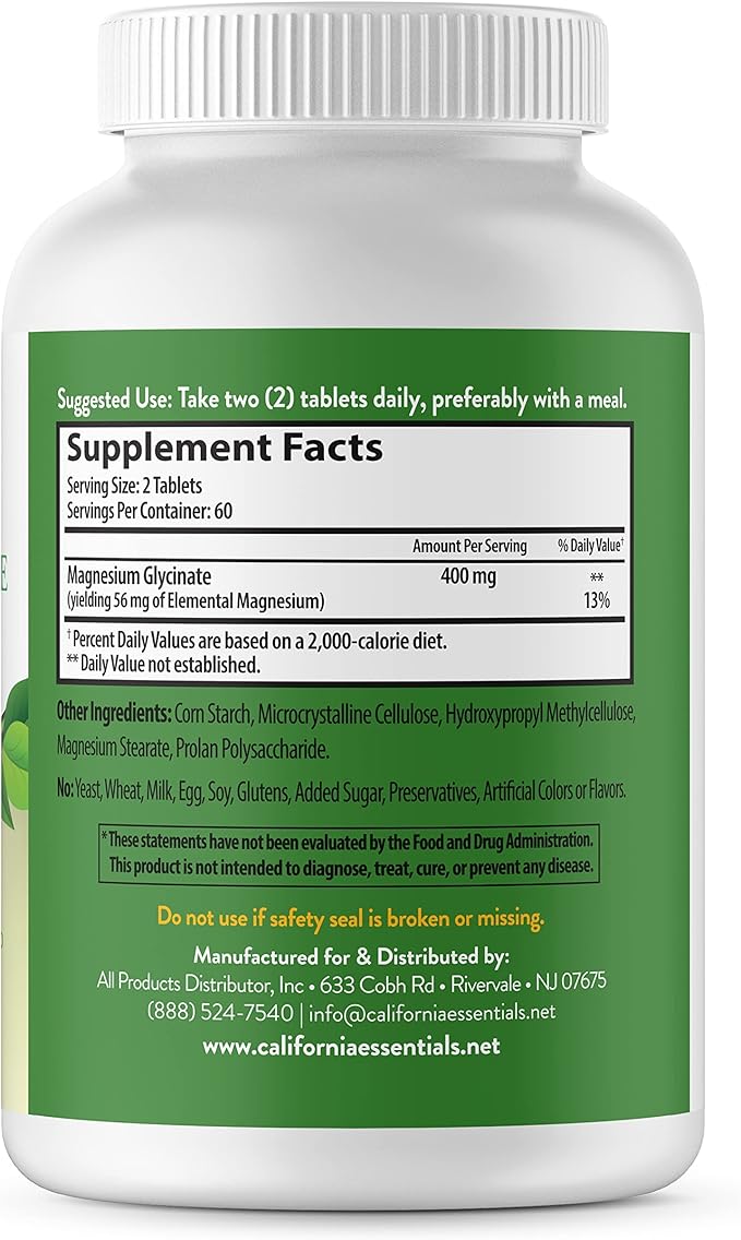Magnesium Glycinate 400 - Chelated, High Absorption Magnesium for - Vegan, Non-GMO, Gluten-Free 120 Tablets (Servings 60, Serving Size (2) 200mg Tablets)