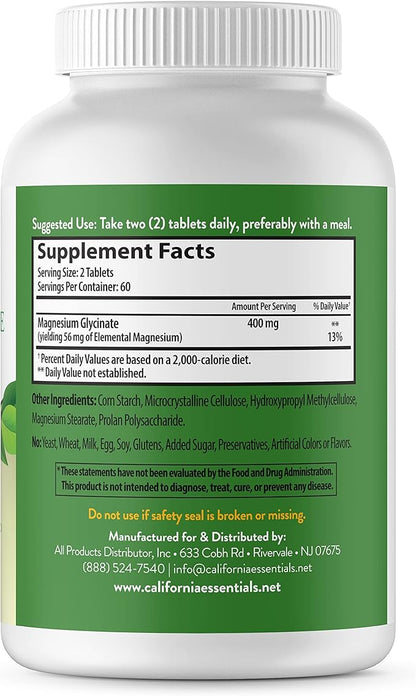 Magnesium Glycinate 400 - Chelated, High Absorption Magnesium for - Vegan, Non-GMO, Gluten-Free 120 Tablets (Servings 60, Serving Size (2) 200mg Tablets)