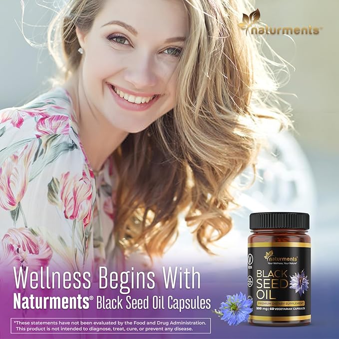 Naturments Premium Black Seed Oil Vegetarian Capsules 100% Organic Unrefined Non GMO Cold Pressed Extra Virgin Nigella Sativa Pure Halal Kalonji Oil - 60 Capsules (500 mg Each)