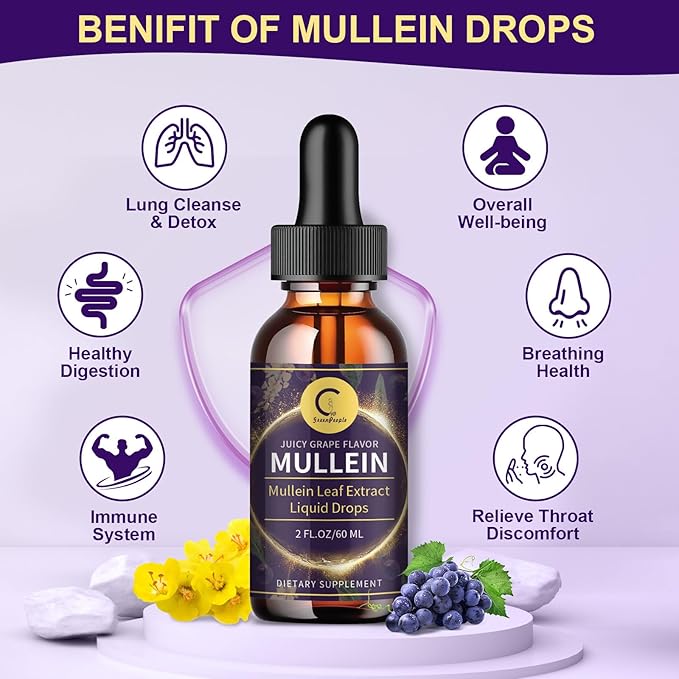 Mullein Leaf Extract Drops for Lungs - Lung Cleanse & Detox, Natural Mullein Leaf Liquid Drops, Support for Respiratory, Immune, Digestive System, Vegan, Non-GMO, Grape Flavor, 2 FL OZ