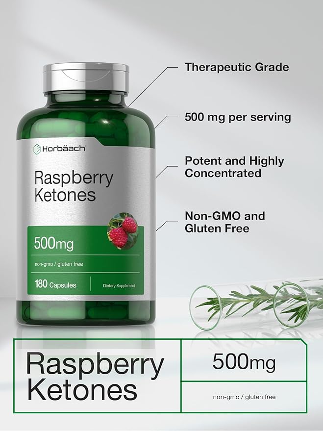 Horbäach Raspberry Ketones | 500mg | 180 Capsules | Non-GMO & Gluten Free Pills