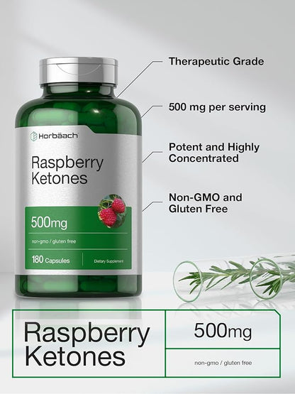 Horbäach Raspberry Ketones | 500mg | 180 Capsules | Non-GMO & Gluten Free Pills