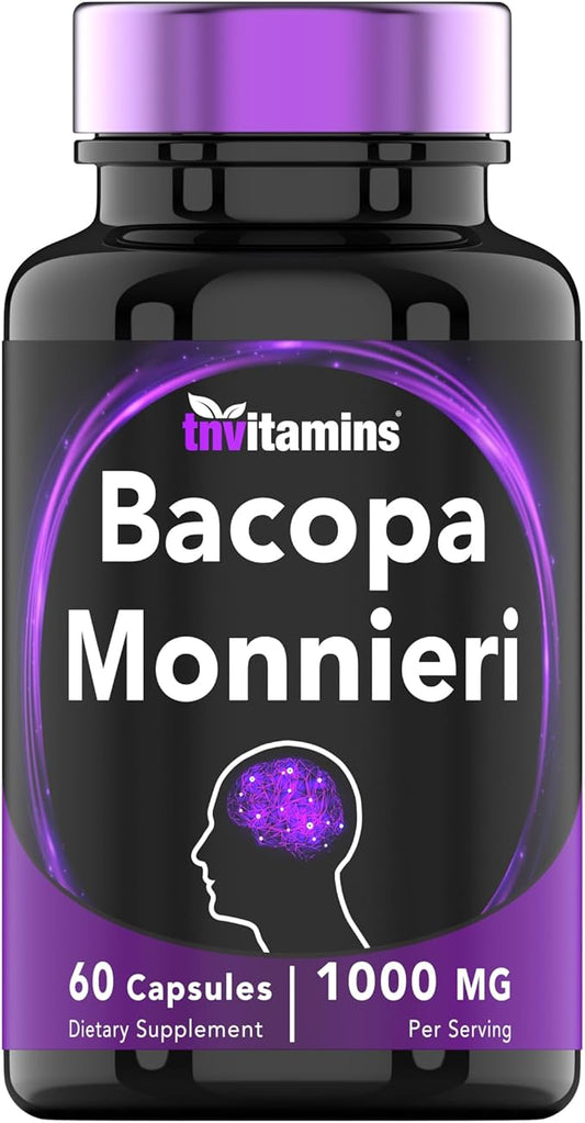 Bacopa Monnieri Capsules 1000 MG (60 Capsules) | Nootropic Brain Support Supplement* | Bacopa Leaf Extract Powder Pills