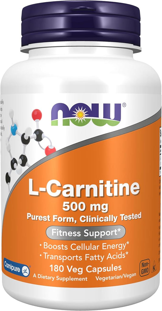 NOW Foods Supplements, L-Carnitine 500mg, Purest Form, Amino Acid, Fitness Support*, 180 Veg Capsules