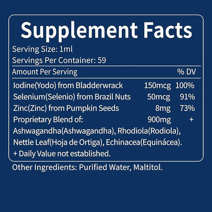 Thyroid Support Drops - Liquid Iodine Supplement, Gotas de YODO y Selenio para Tiroides, Con Rodiola Semenovii y Ortiga, Fight Brain Fog w/Ashwagandha & Rhodiola Extract Tincture.2 oz