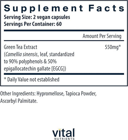 Vital Nutrients Green Tea Extract 550mg | Potent Antioxidant for Heart & Immune Health* | Polyphenols Supplement with EGCG | Gluten, Dairy, Soy Free | Non-GMO | 120 Capsules