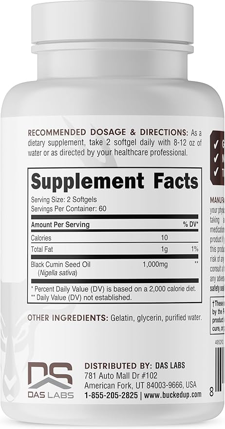 Bucked Up Black Seed Oil 1000mg Per Serving (Black Cumin Seed Oil) Essentials (60 Servings, 120 Softgels)