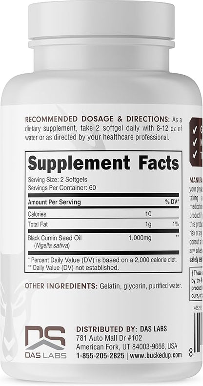 Bucked Up Black Seed Oil 1000mg Per Serving (Black Cumin Seed Oil) Essentials (60 Servings, 120 Softgels)