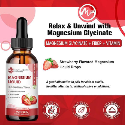 (3 Pack) Magnesium Glycinate Liquid Drops, High Absorption Magnesium Liquid with Bromelain, Vitamin B6 C D, Magnesium Supplement for Kids and Adults, Night & Muscle Support, Strawberry Flavor
