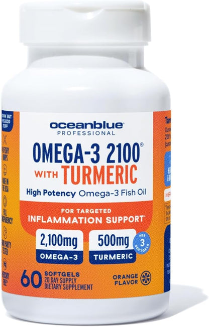 Oceanblue Professional Omega-3 2100 with Turmeric - 60 Count - Triple Strength Burpless Fish Oil for Heart Health, Joint Support Supplement - 20 Servings