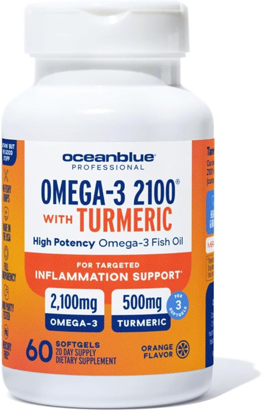 Oceanblue Professional Omega-3 2100 with Turmeric - 60 Count - Triple Strength Burpless Fish Oil for Heart Health, Joint Support Supplement - 20 Servings